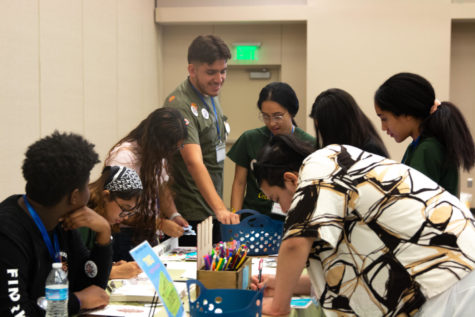 Juniors Rafyel Curtis, Airam Chavez, Paris Banner, Miguel Moreno, Jennifer Arias, Daniel Valadez, Martha Canas, and Yosselin Arias all gather around the art table, where they were doodling, looking at stickers and pins, and enjoying their time.