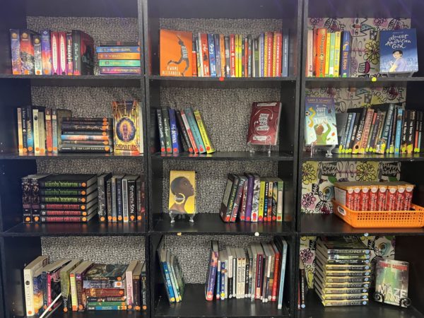 An image of Melissa Pepper’s English Three classroom library.