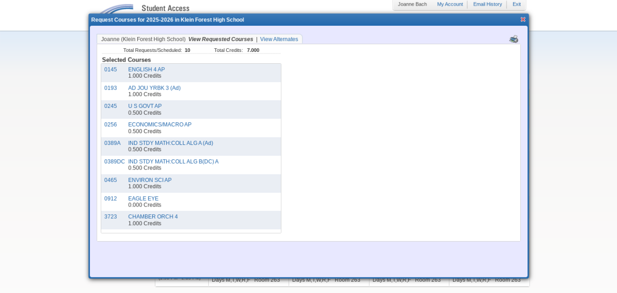 Student view of tentative schedule in Skyward.